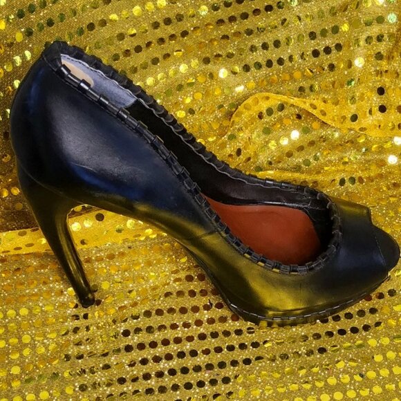 Koji by Leon Max Black Peep-Toe Stilettos - Picture 1 of 12